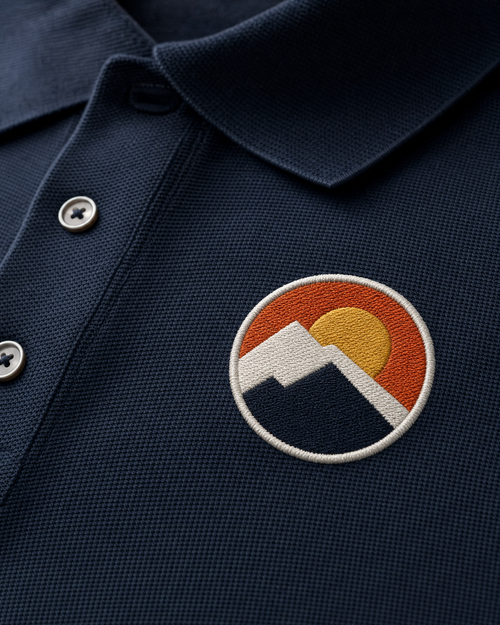 Close-up of embroidered logo on a navy polo