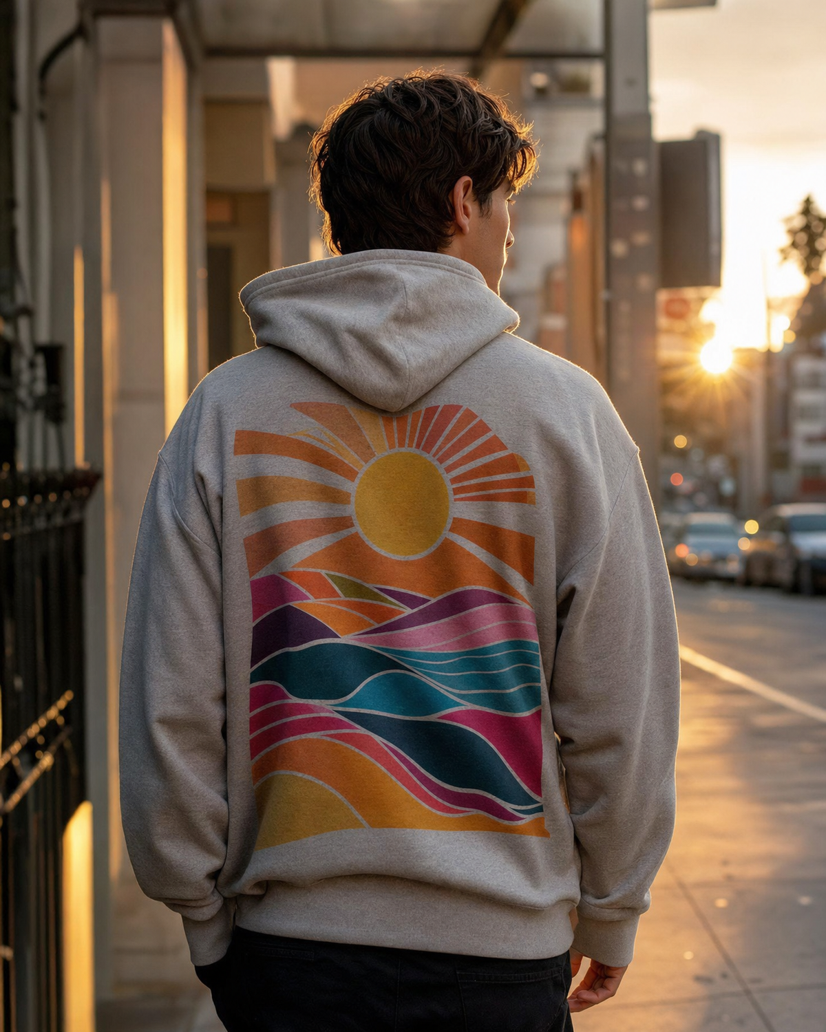 Gray hoodie with a full-color DTF back print