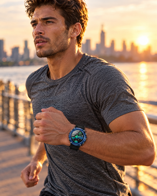 Wristwell Stride smartwatch worn on a sunrise run