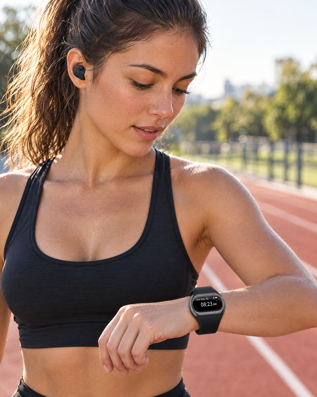 Runner checking the Wristwell Pulse fitness band on the track
