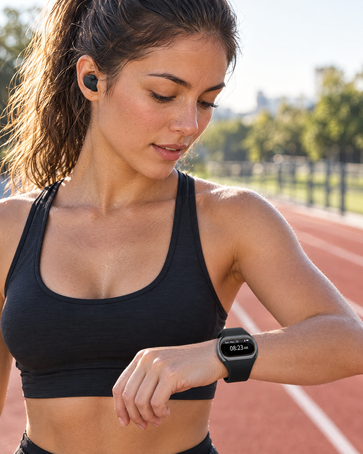 Runner checking the Wristwell Pulse fitness band on the track