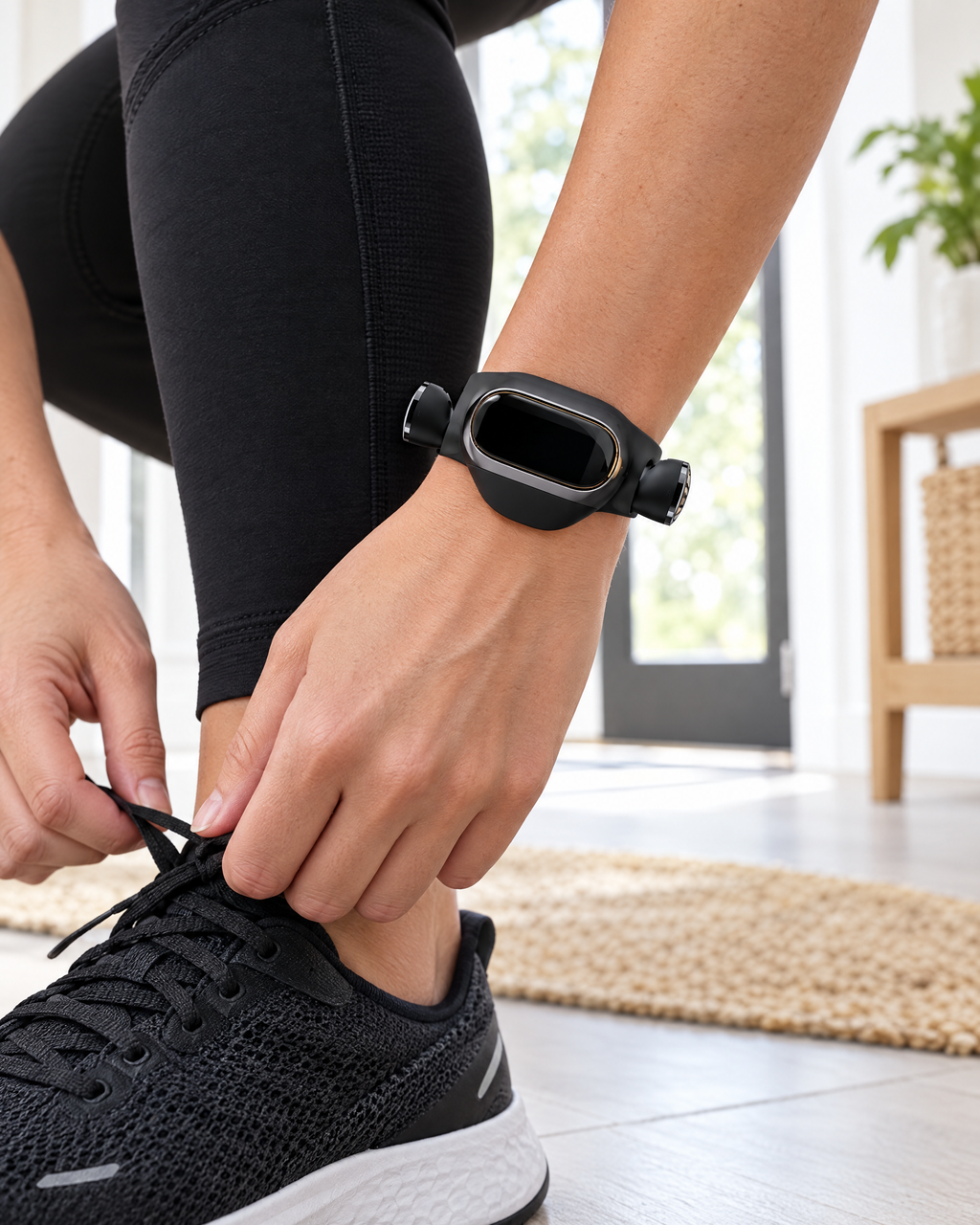 Wristwell Pulse fitness band with docked earbuds while tying running shoes