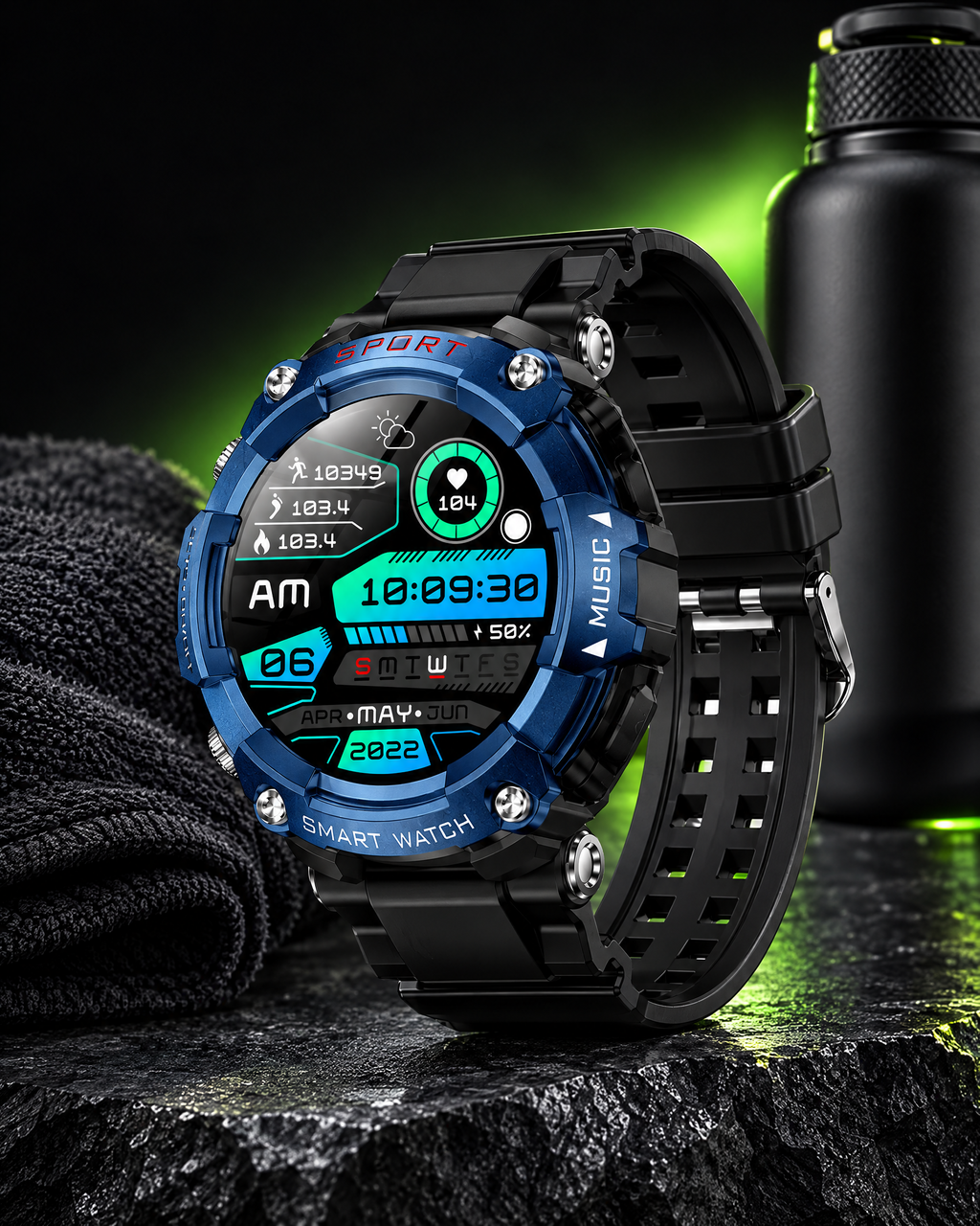 Wristwell Stride sport smartwatch with gym towel and water bottle
