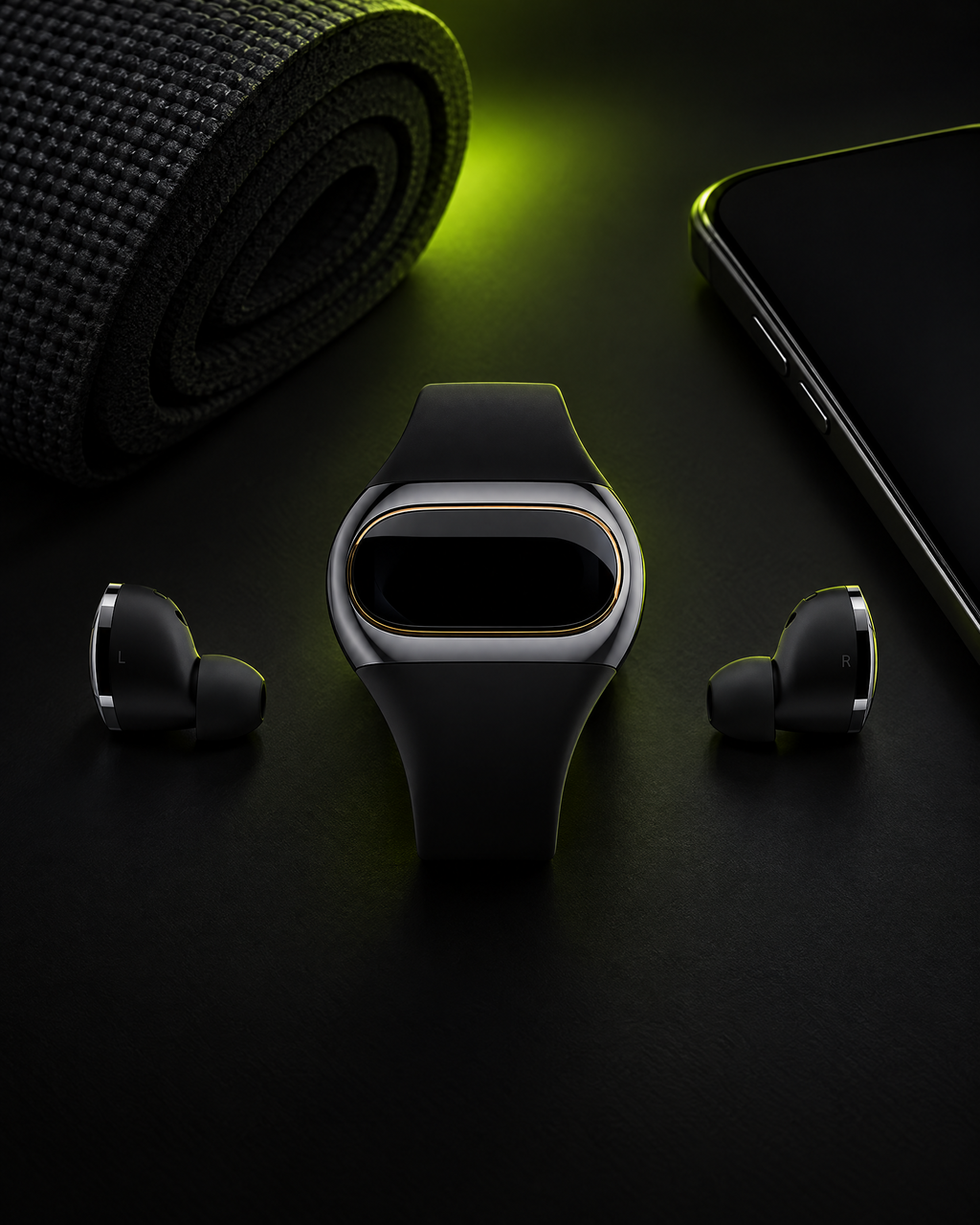 Wristwell Pulse fitness band with earbuds beside a yoga mat