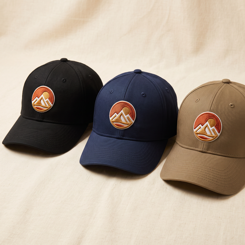Black, navy and khaki caps with embroidered front logo