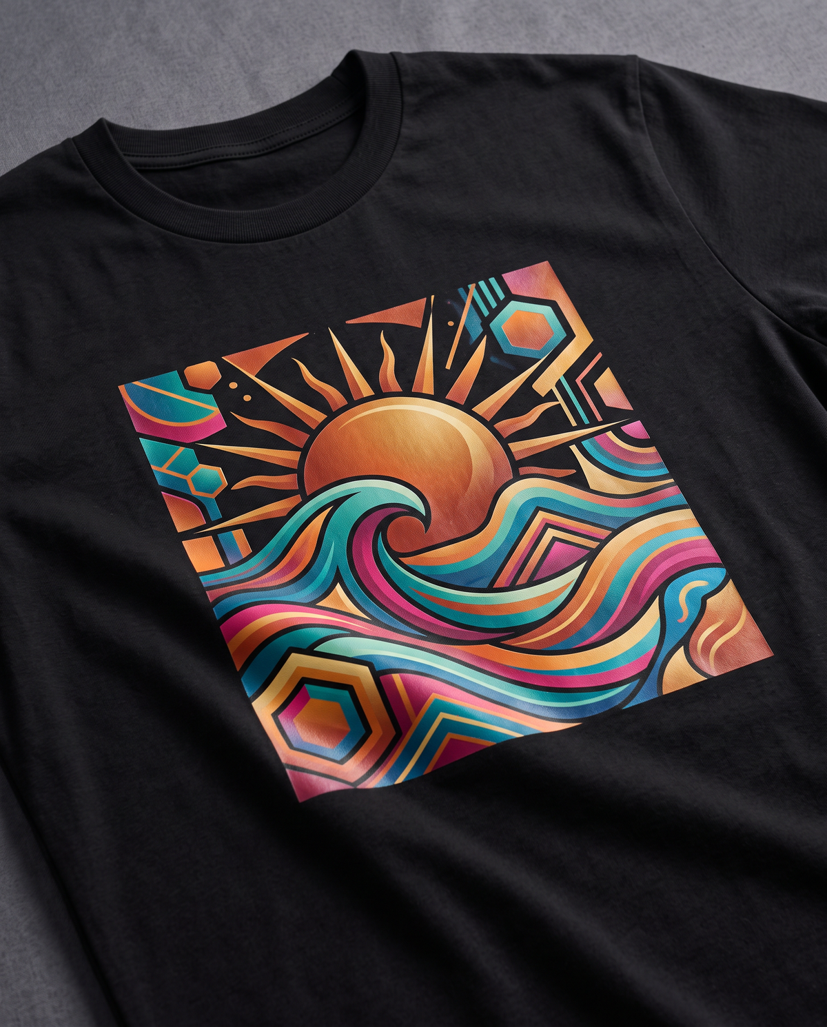 Close-up of a full-color DTF print on a black t-shirt