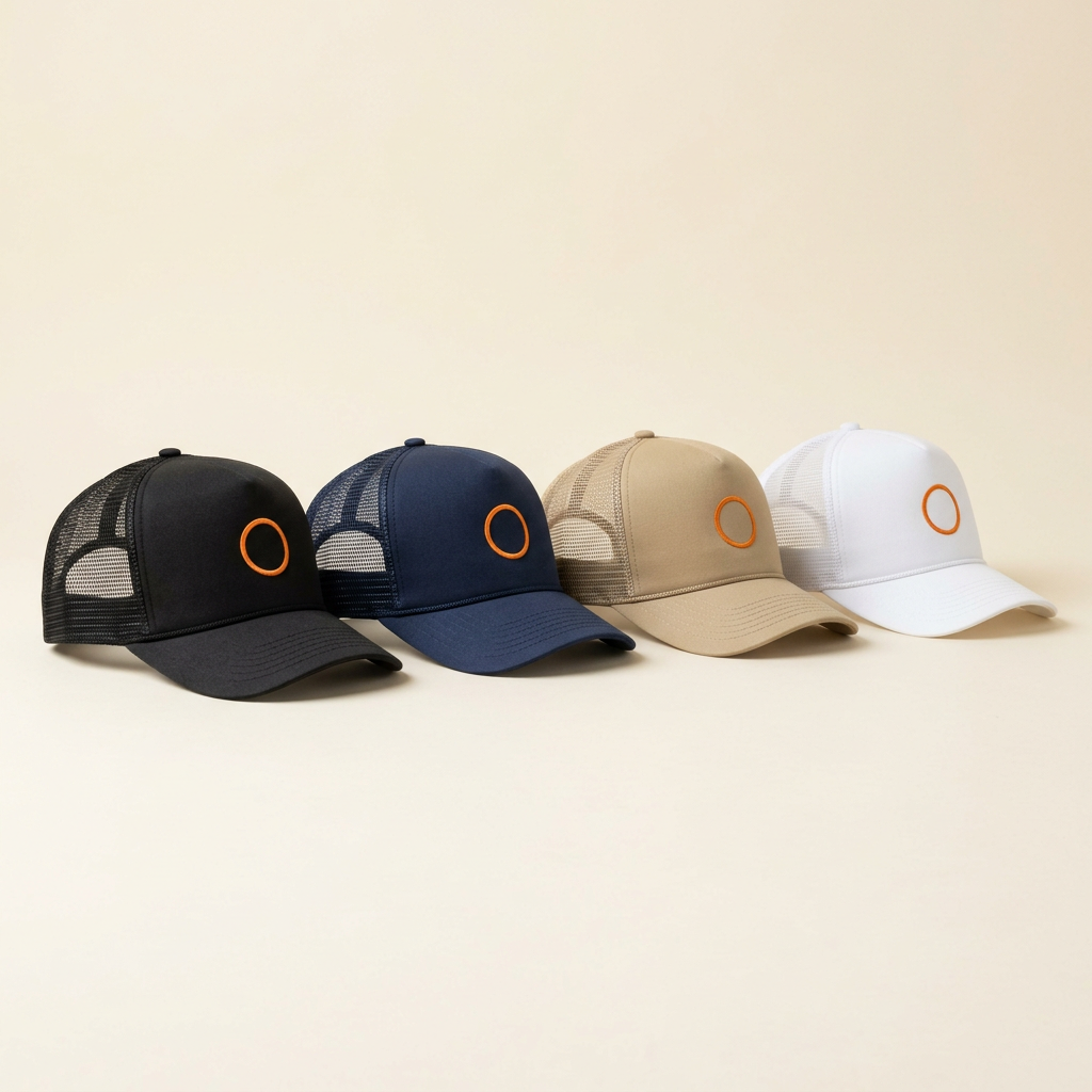 Trucker hats (mesh back) in black, navy, khaki and white